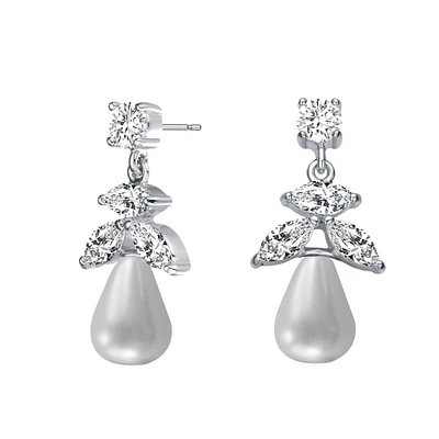 Genevive Sterling Silver with Rhodium Plated White Round Freshwater Pearl with Marquise and Round Cubic Zirconia Earrings