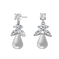 Sterling Silver with Rhodium Plated White Round Freshwater Pearl with Marquise and Round Cubic Zirconia Earrings