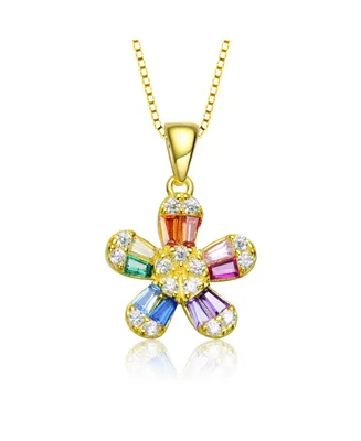 Genevive Sterling Silver with Gold Plated Multi Color Baguette Cubic Zirconia Flower Style Pendant Necklace - Multi