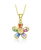 Genevive Sterling Silver with Gold Plated Multi Color Baguette Cubic Zirconia Flower Style Pendant Necklace - Multi