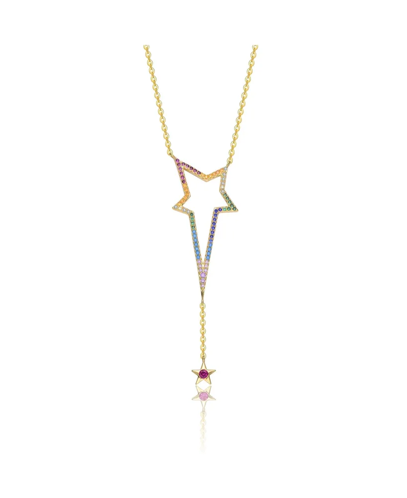 Genevive Sterling Silver 14K Gold Plated Multi Color Cubic Zirconia Spring Ring Star Necklace - Multi