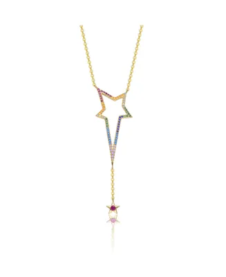 Genevive Sterling Silver 14K Gold Plated Multi Color Cubic Zirconia Spring Ring Star Necklace - Multi