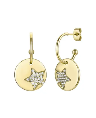 Rachel Glauber 14k Gold Plated with Cubic Zirconia Star Medallion Charm C-Hoop Earrings