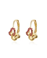 Genevive Radiant Double Heart Halo Drop Leverback Earrings for Kids/Teens in Sterling Silver with 14k Yellow Gold Plating and Red Accents