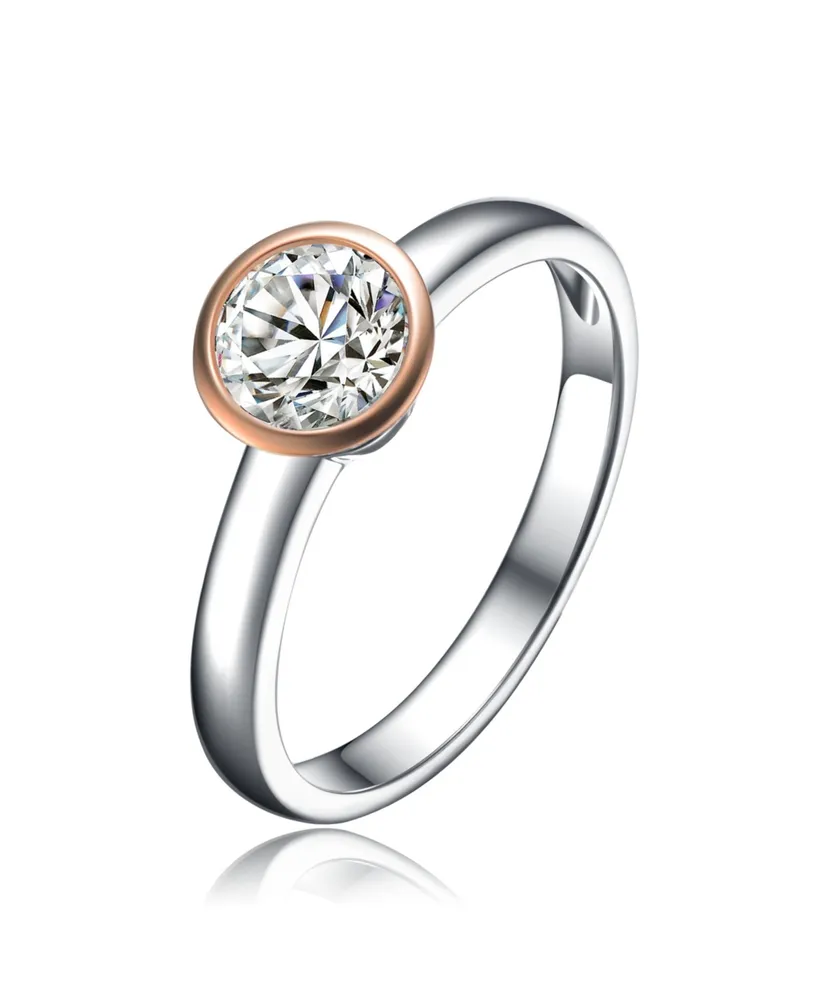 Genevive Circular Shaped Design 18K Rose Gold Plated Sterling Silver Clear Cubic Zirconia Ring - Two