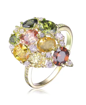 Genevive Sterling Silver with 14K Gold Plated Multi Colored Oval and Round Cubic Zirconia Pave Ring