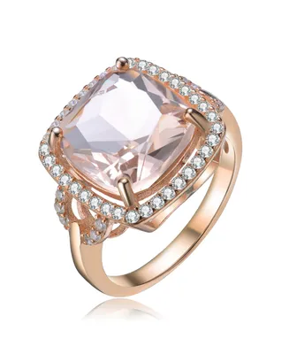 Genevive Square Shaped Peach and Accented White Cubic Zirconia 18K Rose Gold Plated Sterling Silver Ring