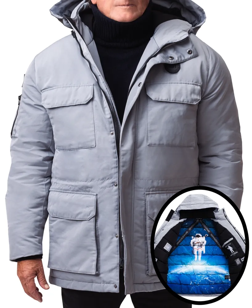 Space One Men's Nasa Inspired Parka Jacket with Printed Astronaut Interior