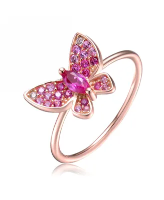 Genevive Sterling Silver with Rose Gold Plated Ruby Cubic Zirconia Small Butterfly Ring