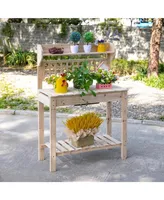 Outsunny Wooden Outdoor Potting Bench with Sink Basin & Clapboard, Natural