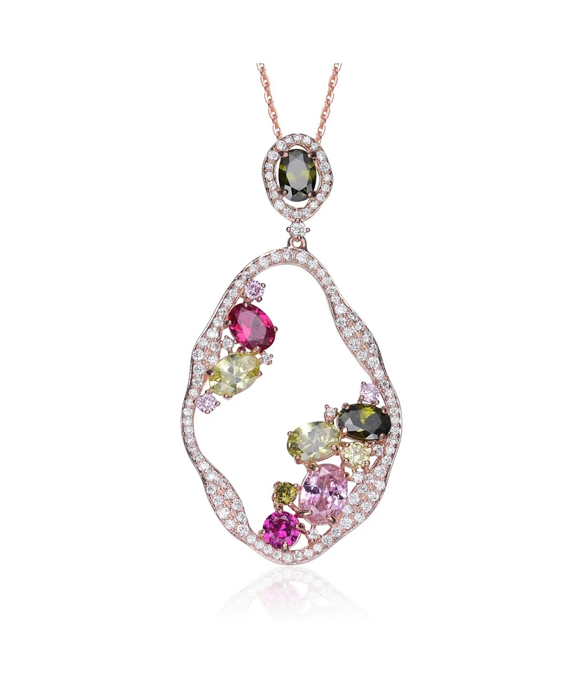 Sterling Silver 18K Rose Plated Multi Color Cubic Zirconia Assymetrical Spring Ring Pendant Necklace