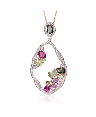 Genevive Sterling Silver 18K Rose Plated Multi Color Cubic Zirconia Assymetrical Spring Ring Pendant Necklace