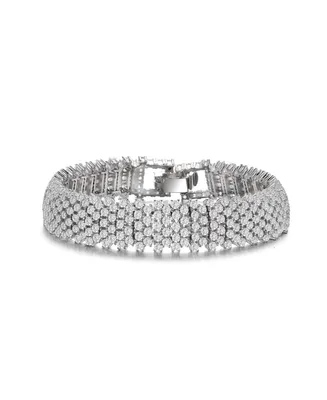 Genevive Sterling Silver with Rhodium Plated Clear Round Cubic Zirconia Five Row Bracelet