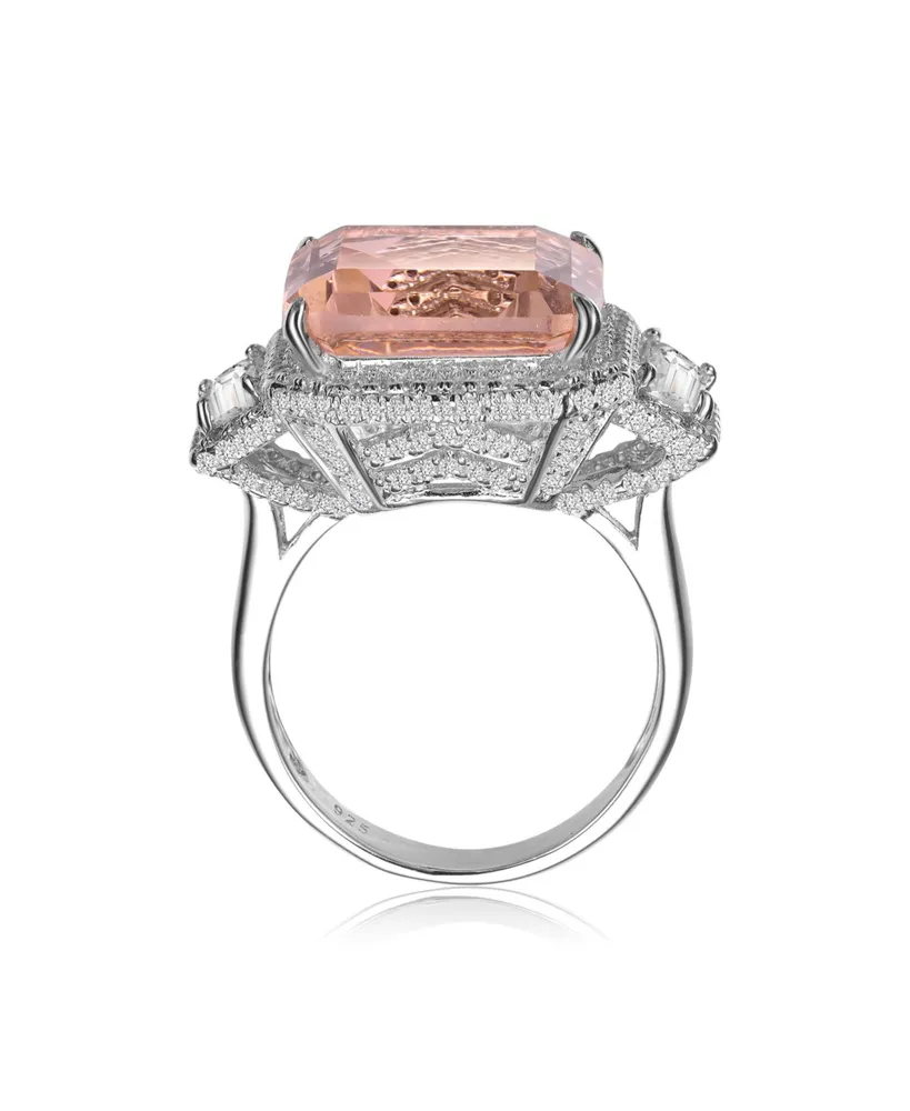 Genevive Sterling Silver with Rhodium Plated Morganite Asscher Clear Emerald Cubic Zirconia Halo Three-Stone Ring