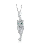 Genevive Sterling Silver Rhodium Plated Green Cubic Zirconia "Cheetah" Spring Ring Pendant