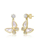 Genevive Sterling Silver 14K Gold Plated Cubic Zirconia Butterfly Drop Earrings - Grey