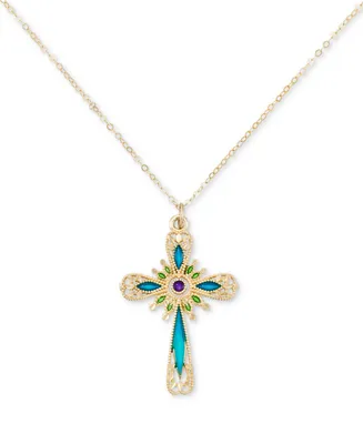 Multicolor Enamel Cross 18" Pendant Necklace in 14k Gold