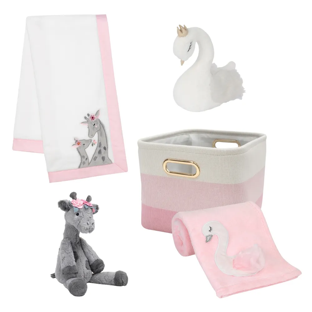 Lambs & Ivy Pink/White 5-Piece Luxury Infant / Newborn / Baby Gift Basket