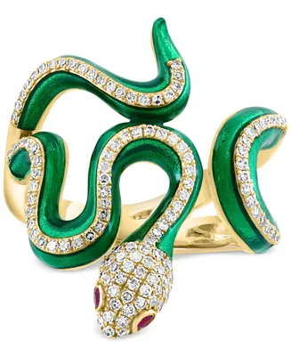Effy Diamond (3/8 ct. t.w.) & Ruby Accent Enamel Snake Ring in 14k Gold