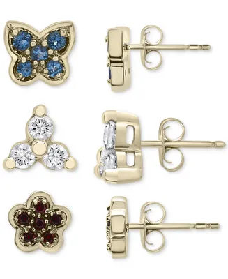 3-Pc. Set London Blue Topaz (1/3 ct. t.w.), Lab-grown White Sapphire (1/3 ct. t.w.) & Garnet (1/4 ct. t.w.) Stud Earrings in 14k Gold-Plated Sterling