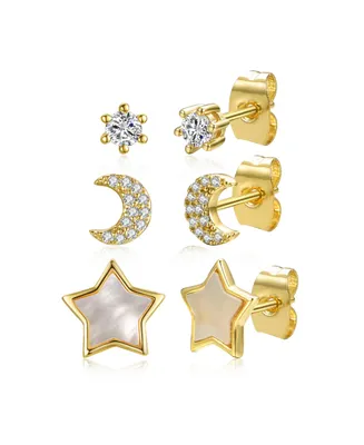 Rachel Glauber Stunning 3-Piece Astrological Zodiac Galaxy Stud Earrings Set in 14k Yellow Gold Plating with Mother of Pearl & Cubic Zirconia