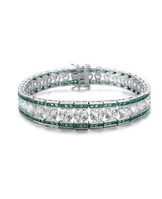 Genevive Sterling Silver Clear Round and Green Baguette Cubic Zirconia Link Bracelet