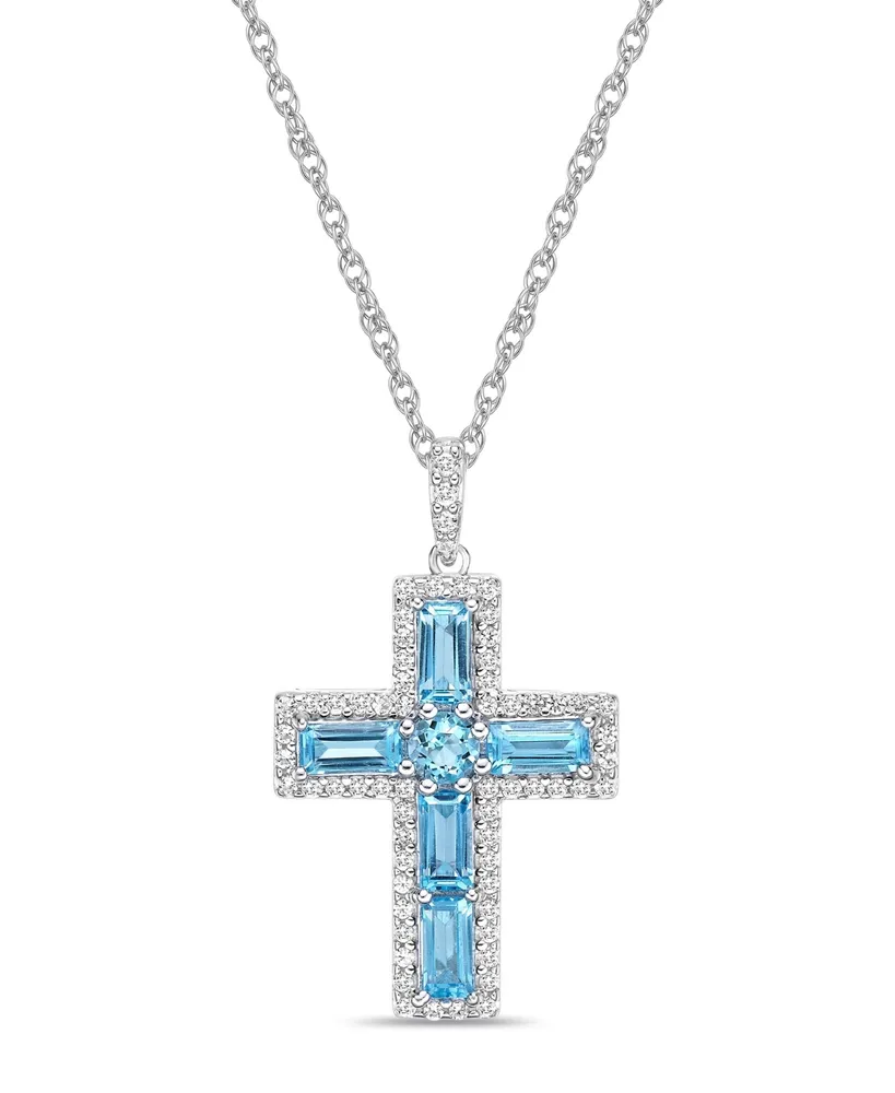 Sterling Silver Halo Birthstone Style Genuine Swiss Blue and White Topaz Fancy Cut Cross Pendant Necklace