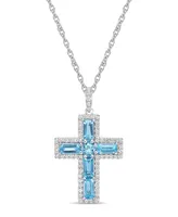 Sterling Silver Halo Birthstone Style Genuine Swiss Blue and White Topaz Fancy Cut Cross Pendant Necklace