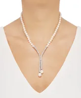 Arabella Cultured Freshwater Pearl (5mm & 10 x 8mm) & Cubic Zirconia Lariat Necklace in Sterling Silver, Created for Macy's