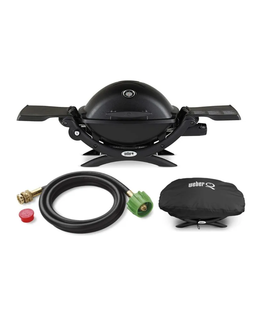 Weber Q1200 Liquid Propane Grill (Black) With Adapter Hose And Grill Cover