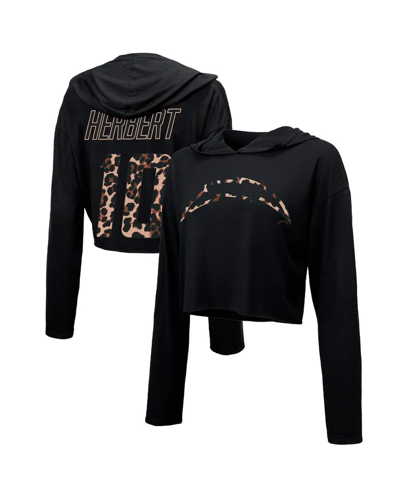 Majestic Women's Majestic Threads Justin Herbert Black Los Angeles Chargers  Leopard Player Name and Number Long Sleeve Cropped Hoodie