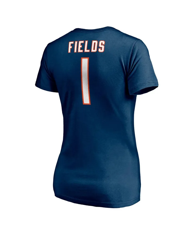 Women's Fanatics Justin Fields Navy Chicago Bears Logo Player Icon Name and Number V-Neck T-shirt