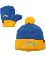 Little Boys and Girls '47 Brand Powder Blue, Gold Los Angeles Chargers Bam Bam Cuffed Knit Hat with Pom and Mittens Set