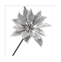 Floral Home 24-Pack Silver Glitter Poinsettia Picks - Festive Christmas Decor