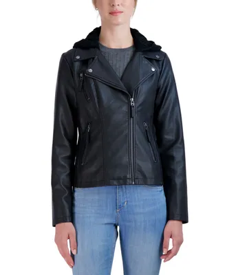 Sebby Collection Women's Hooded Faux Leather Moto Jacket