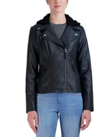 Sebby Collection Women's Hooded Faux Leather Moto Jacket
