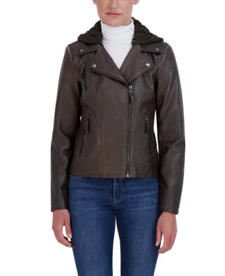 Sebby Collection Women's Hooded Faux Leather Moto Jacket