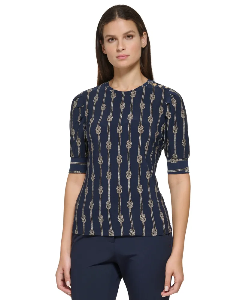 Tommy Hilfiger Women's Knot-Print Puff-Sleeve Knit Top