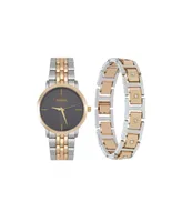 Jones New York Men's Analog Two Tone Metal Alloy Bracelet Watch, 42mm and Bracelet Set