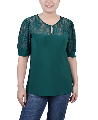 Women's Short Puff Sleeve Top with Lace Sleeves and Yoke