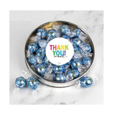 Thank You Candy Gift Tin with Chocolate Stracciatella Lindor Truffles by Lindt Large Plastic Tin with Sticker - Assorted Pre