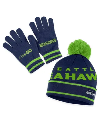 Women's Wear by Erin Andrews College Navy Seattle Seahawks Double Jacquard Cuffed Knit Hat with Pom and Gloves Set