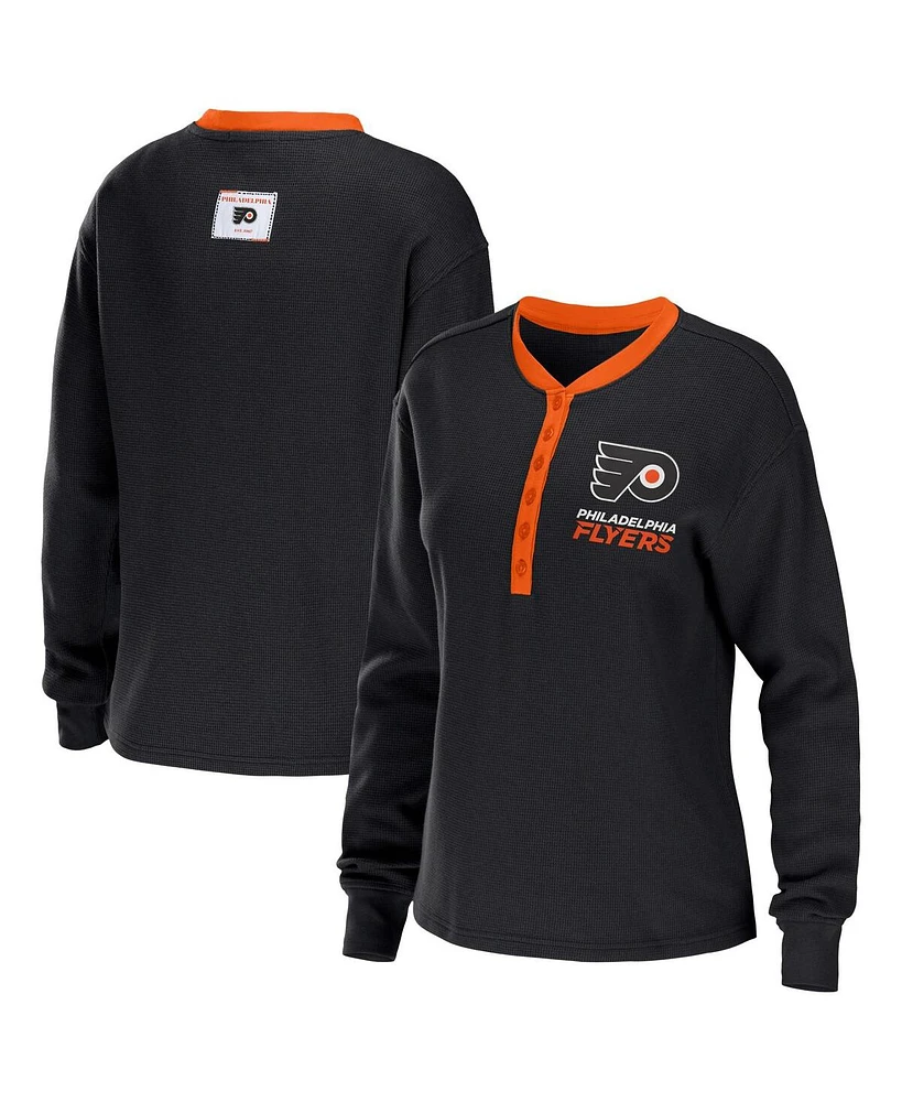 Women's Wear by Erin Andrews Black Philadelphia Flyers Waffle Henley Long Sleeve T-shirt