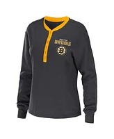 Women's Wear by Erin Andrews Charcoal Boston Bruins Waffle Henley Long Sleeve T-shirt