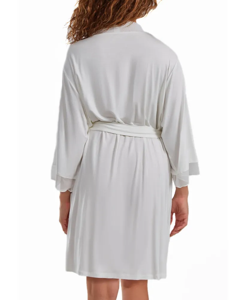 iCollection Cecily Plus Lace Robe with Mesh Trimmed Sleeves and Self Tie Sash