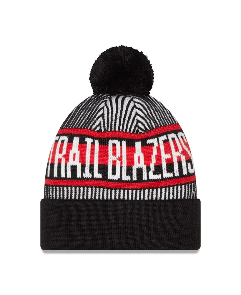 Men's New Era Black Portland Trail Blazers Striped Cuffed Pom Knit Hat