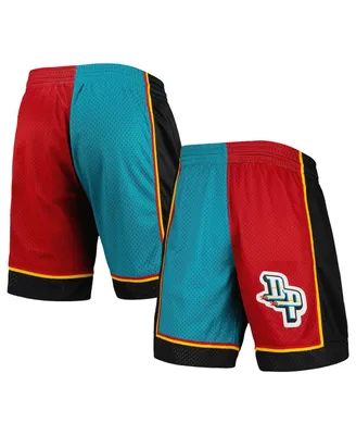 Men's Mitchell & Ness Teal, Red Detroit Pistons Hardwood Classics 1998 Split Swingman Shorts