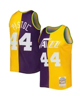 Men's Mitchell & Ness Pete Maravich Purple, Yellow New Orleans Jazz Hardwood Classics 1974-75 Split Swingman Jersey