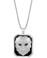 Effy Men's Diamond (1/2 ct. t.w.) & Emerald Accent Black Enamel Lion 22" Pendant Necklace in Sterling Silver