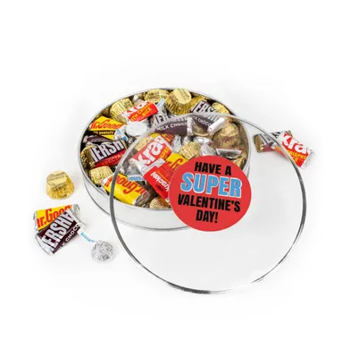 Valentine's Day Candy Gift Tin for Kids - Plastic Tin with Hershey's Kisses, Hershey's Miniatures & Reese's Peanut Butter Cups - Assorted Pre